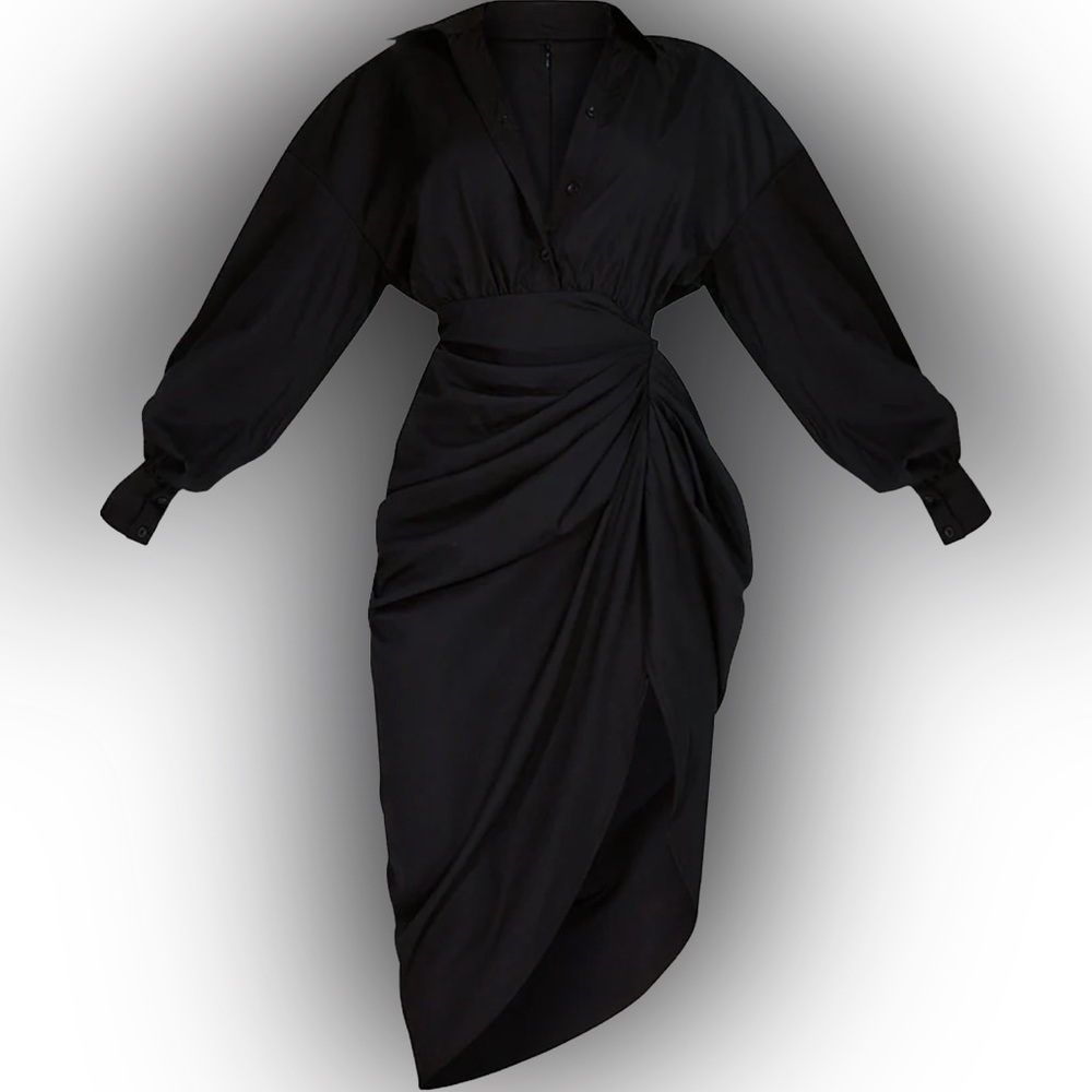 Pretty Little Things balloon sleeve midi black dress.